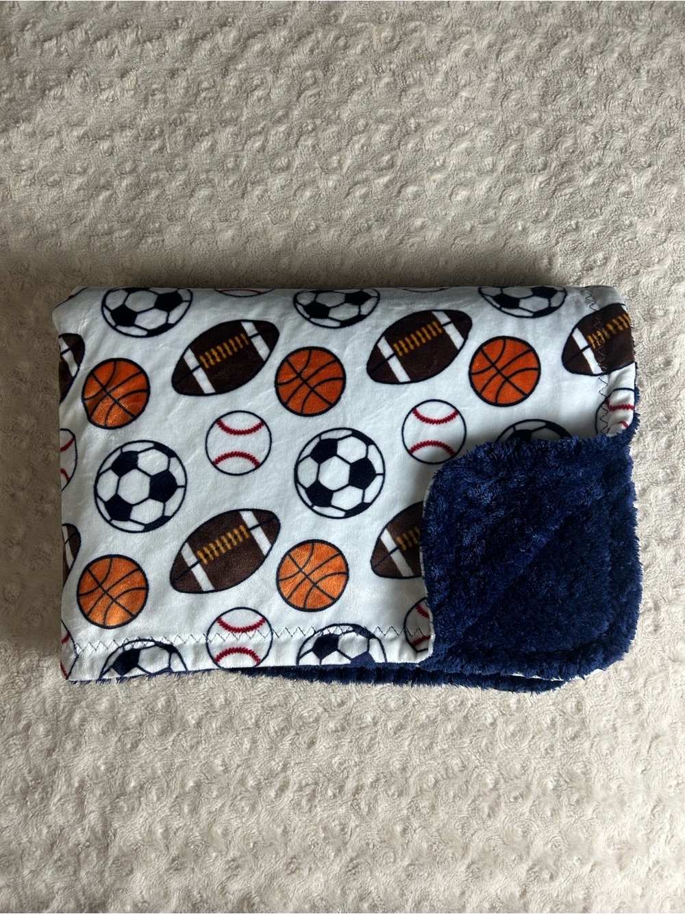 Baby Starters Sports Blanket Blue White Baseball Football Soccer Basketball
